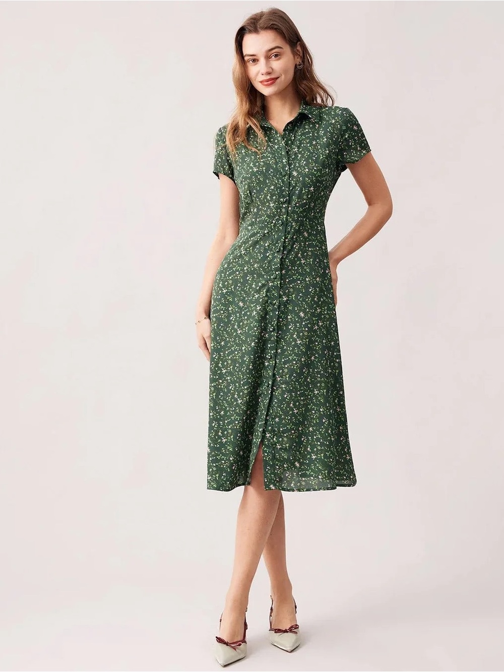 RIHOAS Green Floral Button-Down Midi Dress